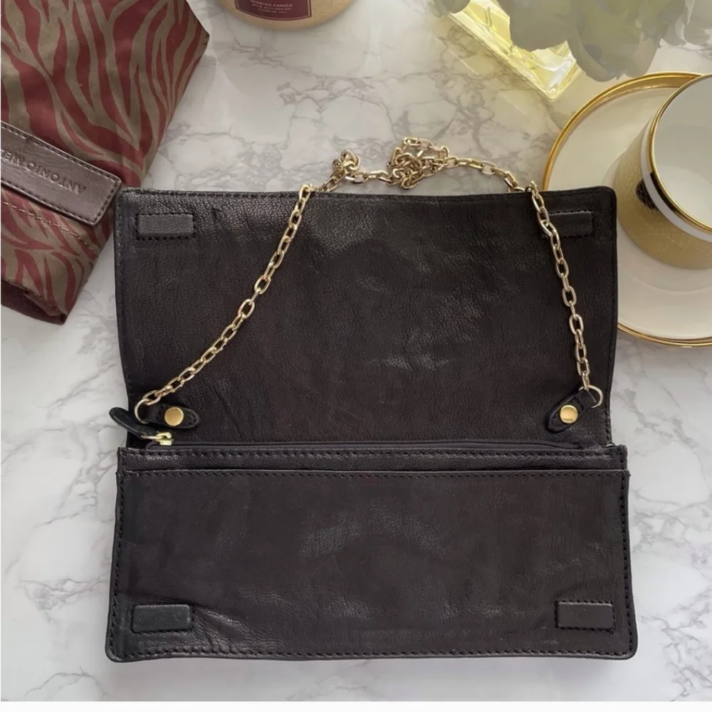Antonio Melani Black Crocodile Leather Clutch Purse Gold Chain Magnetic Closure